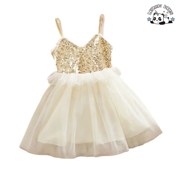 Roupas infantis personalizáveis Vestido de tule personalizado com alças de spaghetti para meninas Bebês Vestido de lantejoulas douradas - Product Image