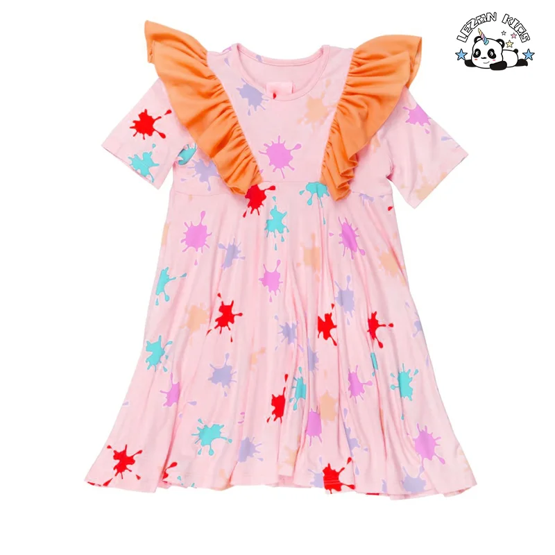 Customizable Latest Design Color Block Ruffle Sleeves Casual Girls Dresses for Summer