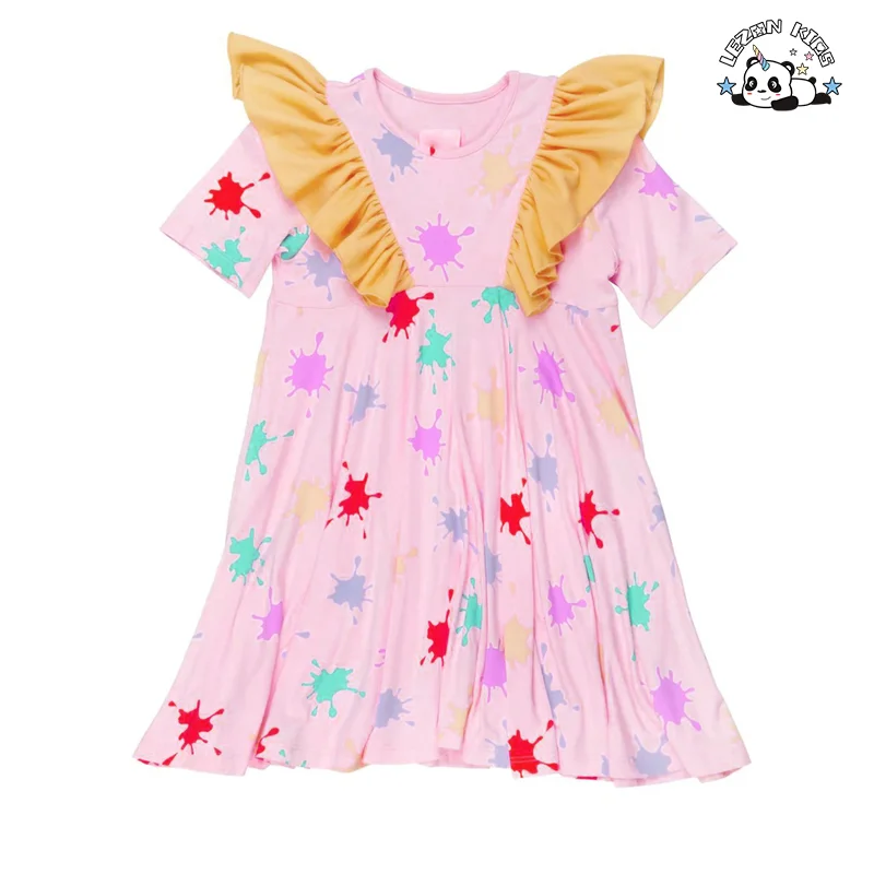 Customizable Latest Design Color Block Ruffle Sleeves Casual Girls Dresses for Summer - Product Image