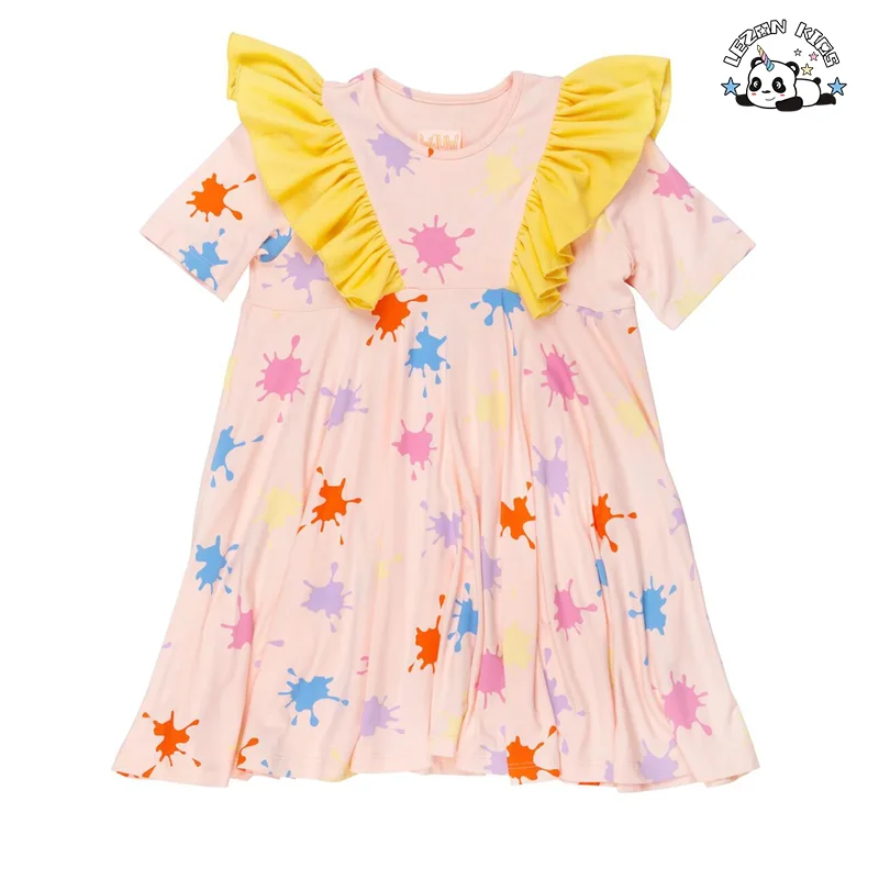 Customizable Latest Design Color Block Ruffle Sleeves Casual Girls Dresses for Summer - Product Image