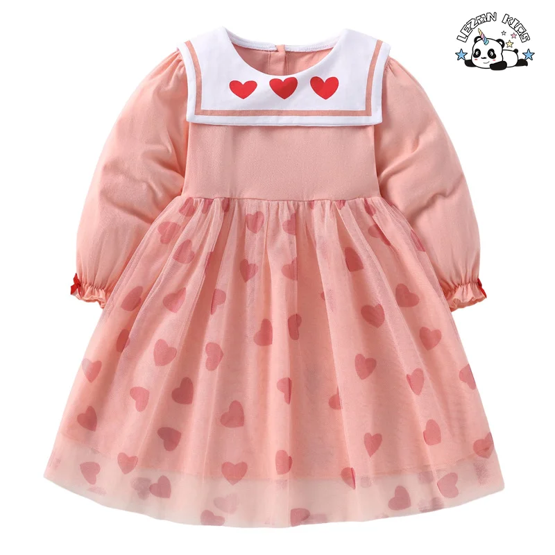 Customizable Long Sleeve Heart Custom Patterns Tulle Dress Girls Cotton Dress Girls Kids - Product Image