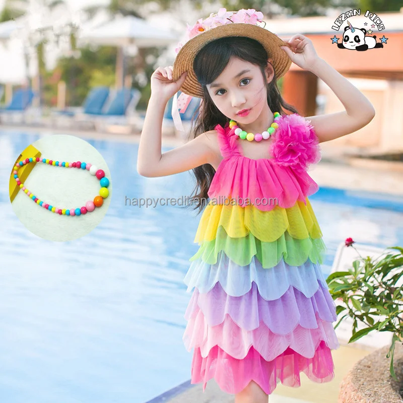 Customizable New Arrival Beach Vacation Sleeveless Colorful Pleated Girls Tulle Dresses for Summer - Product Image
