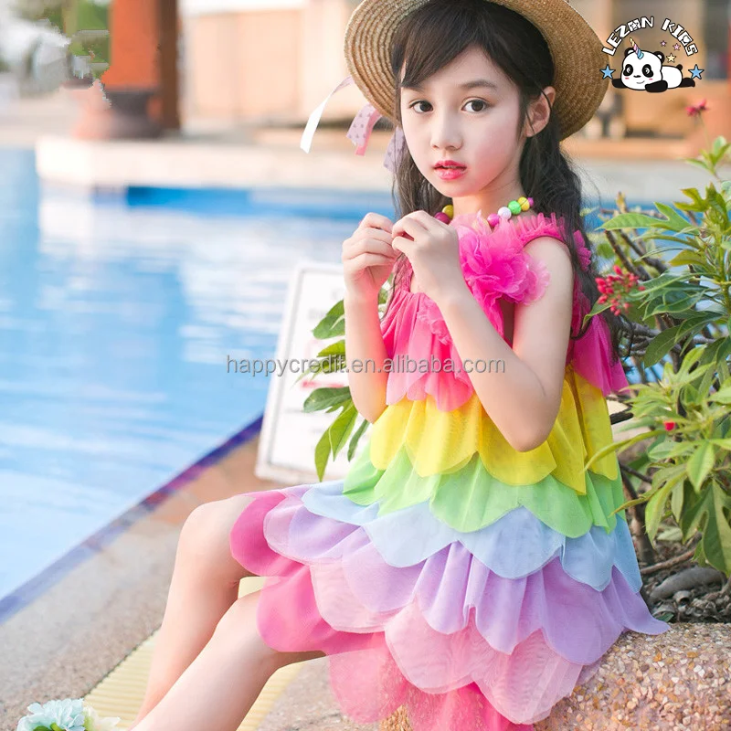 Customizable New Arrival Beach Vacation Sleeveless Colorful Pleated Girls Tulle Dresses for Summer - Product Image