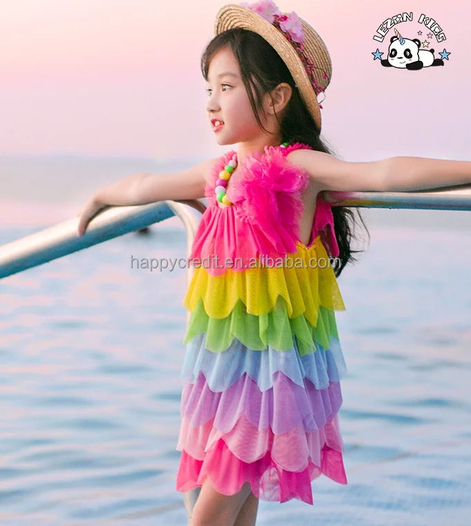 Customizable New Arrival Beach Vacation Sleeveless Colorful Pleated Girls Tulle Dresses for Summer - Product Image