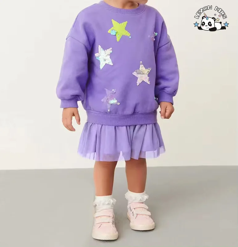 Vestido Longo de Tule Personalizável para Crianças com Mangas Longas Roxo para Meninas - Product Image
