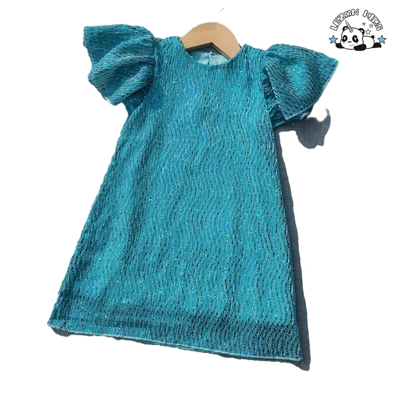 Customizable New Arrival Girls Summer Ruffle Sleeve Sequin Birthday Party Kids Dress