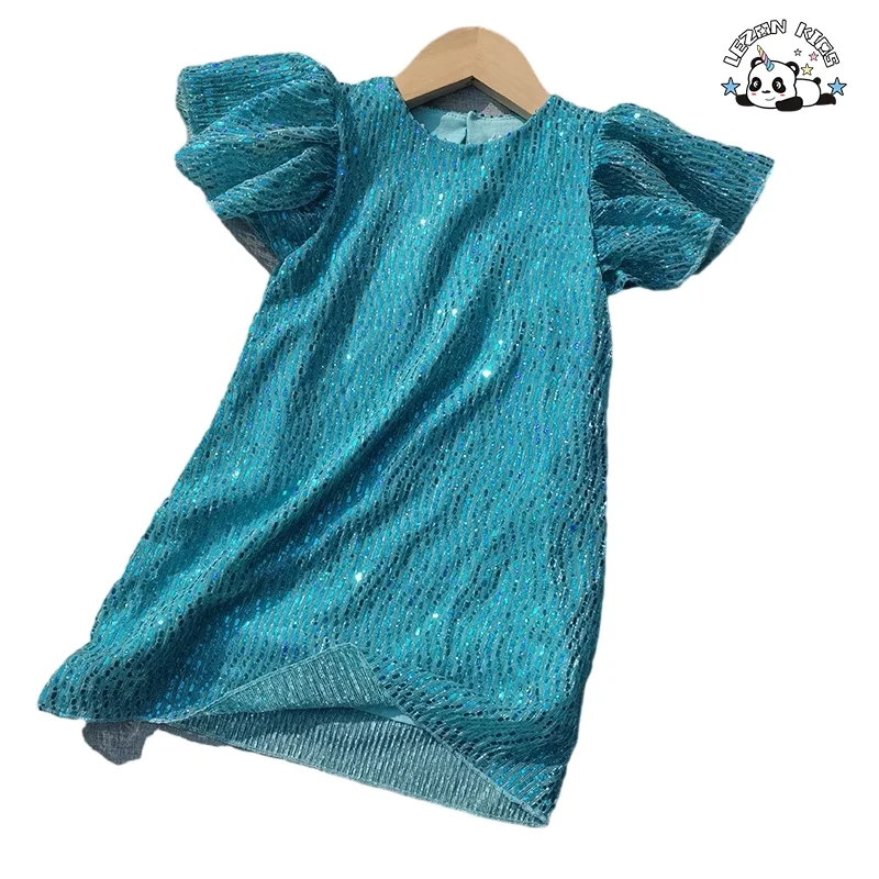 Customizable New Arrival Girls Summer Ruffle Sleeve Sequin Birthday Party Kids Dress - Product Image