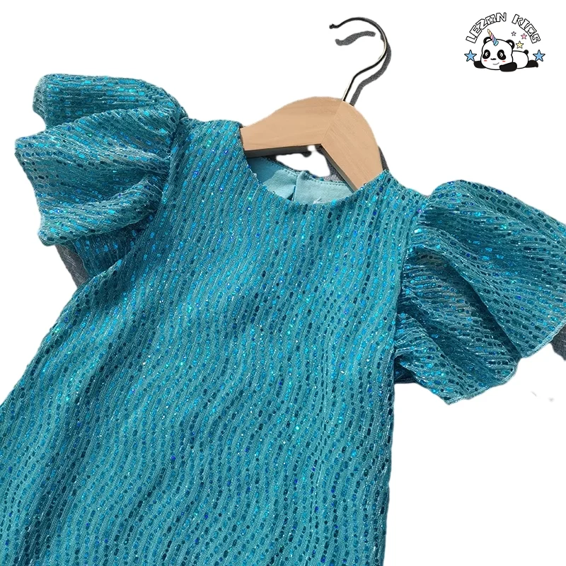 Customizable New Arrival Girls Summer Ruffle Sleeve Sequin Birthday Party Kids Dress - Product Image
