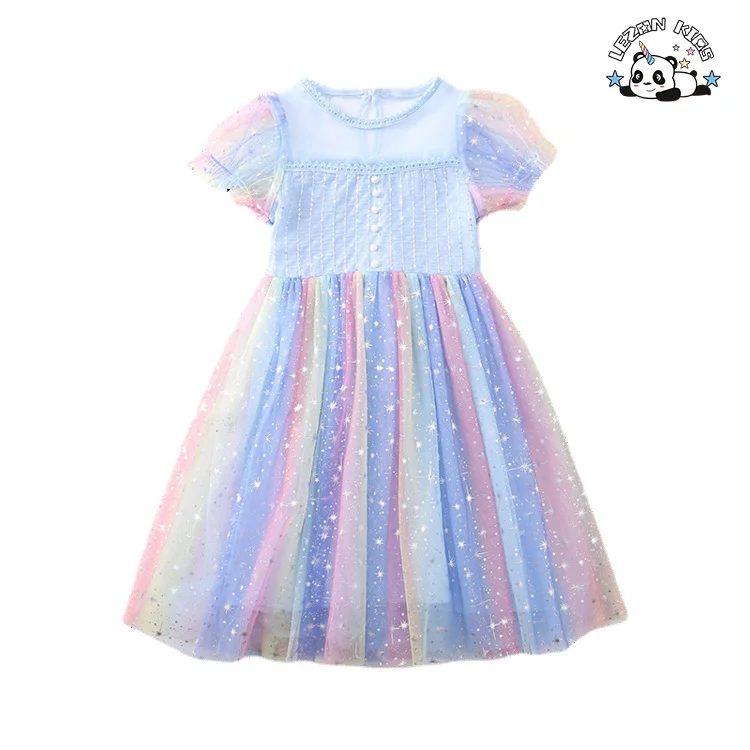 Customizable New Arrival Short Sleeves rainbow Foil Printed Summer Girl Tulle Dresses for 2-14 Years