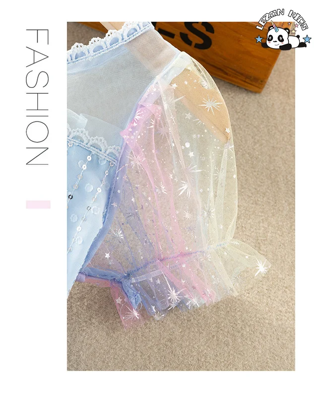 Customizable New Arrival Short Sleeves rainbow Foil Printed Summer Girl Tulle Dresses for 2-14 Years - Product Image