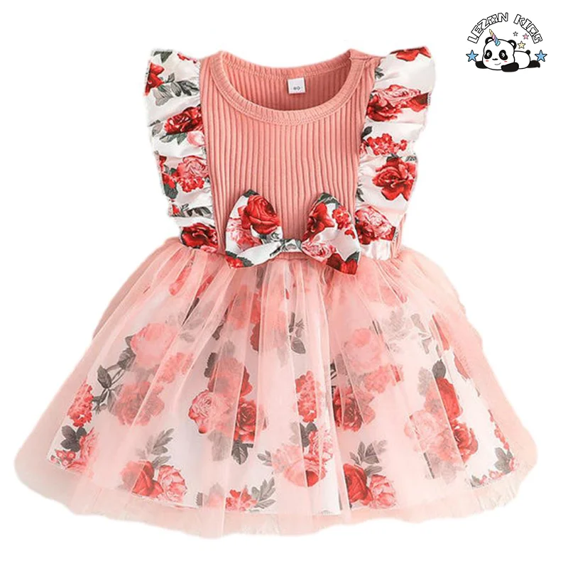 Vestidos de tule florais personalizáveis para meninas com cintura de laço doce para o verão