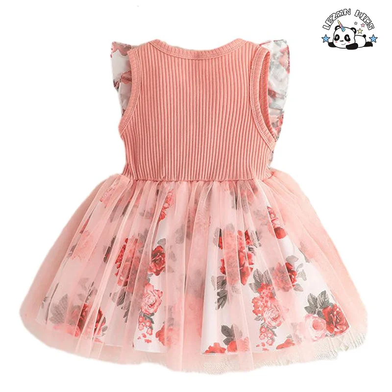 Vestidos de tule florais personalizáveis para meninas com cintura de laço doce para o verão - Product Image