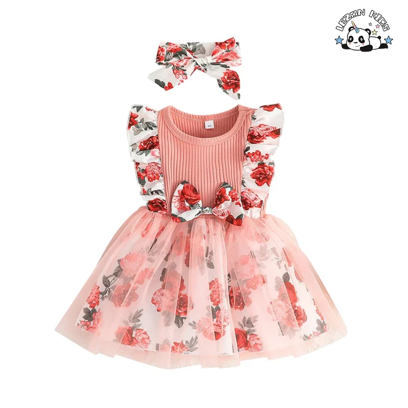 Vestidos de tule florais personalizáveis para meninas com cintura de laço doce para o verão - Product Image