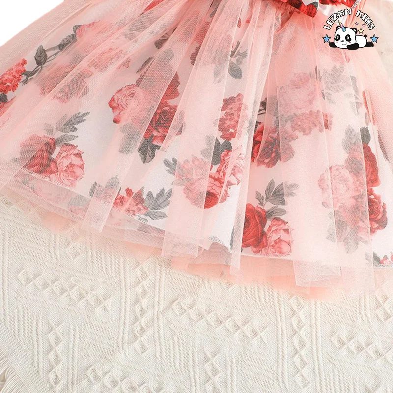 Vestidos de tule florais personalizáveis para meninas com cintura de laço doce para o verão - Product Image