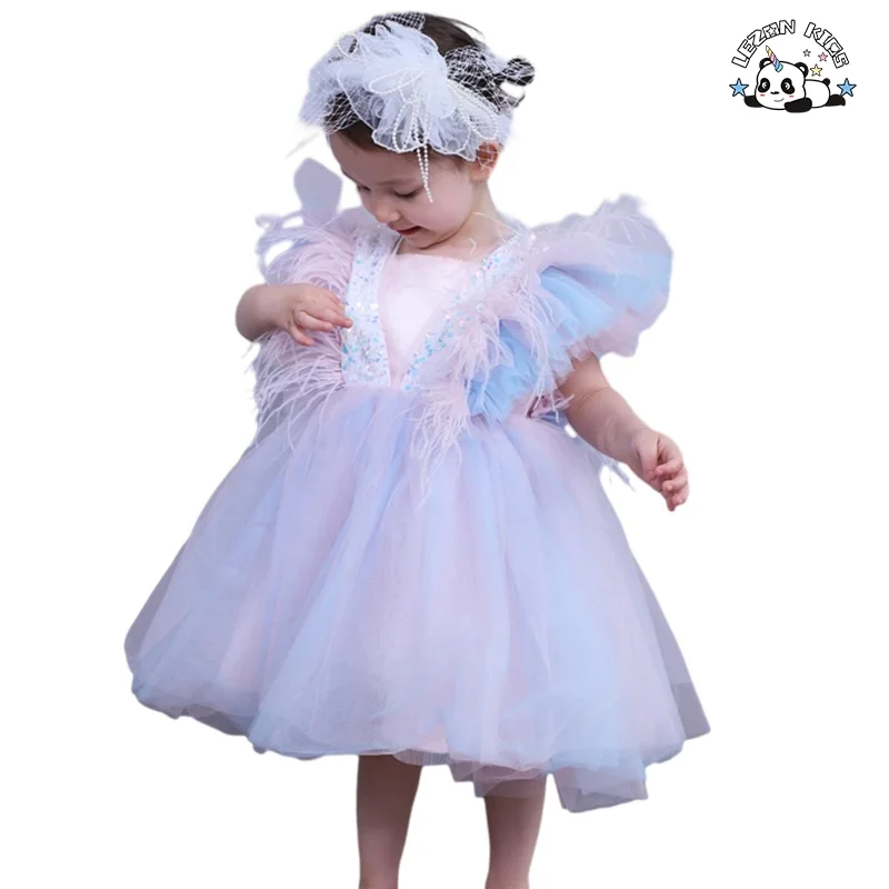 Customizable New Fancy Ruffle Sleeve Feather Rainbow Layered Kids Tulle Dresses Girls Princess Dress