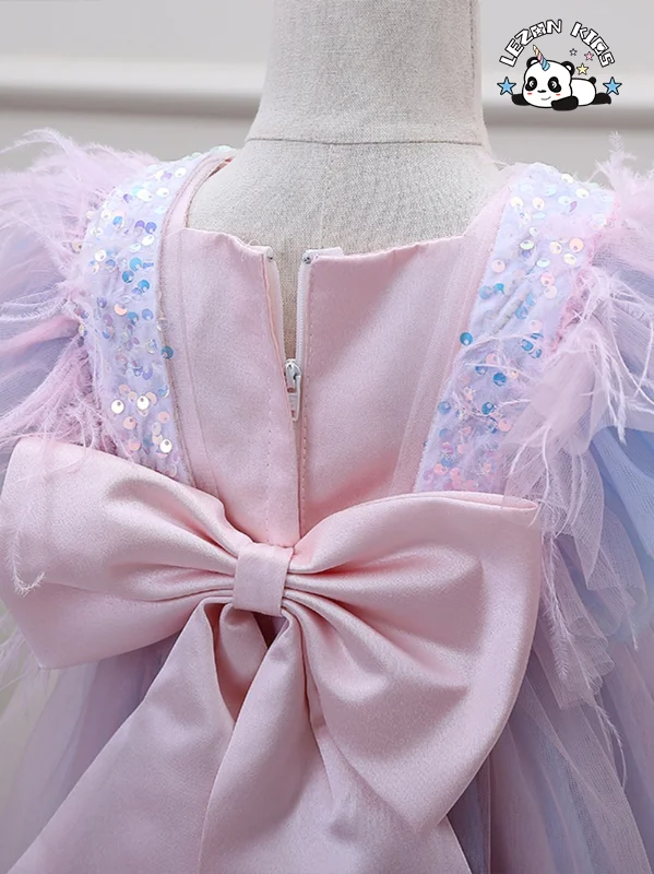 Customizable New Fancy Ruffle Sleeve Feather Rainbow Layered Kids Tulle Dresses Girls Princess Dress - Product Image
