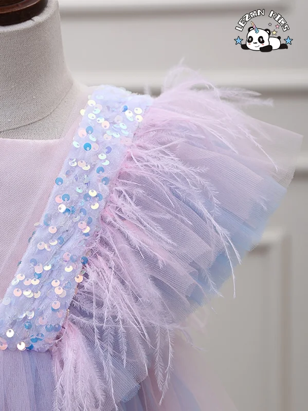 Customizable New Fancy Ruffle Sleeve Feather Rainbow Layered Kids Tulle Dresses Girls Princess Dress - Product Image