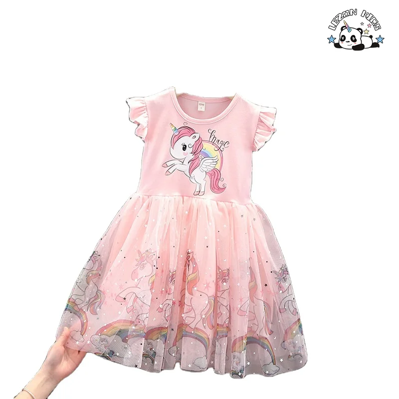 Customizable New Fashion Cotton Ruffle Sleeve Kids Dresses Tulle Dress unicorn Dress for Girls