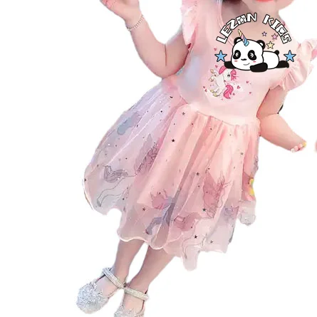 Customizable New Fashion Cotton Ruffle Sleeve Kids Dresses Tulle Dress unicorn Dress for Girls - Product Image