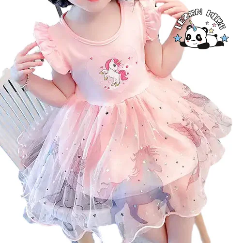 Customizable New Fashion Cotton Ruffle Sleeve Kids Dresses Tulle Dress unicorn Dress for Girls - Product Image