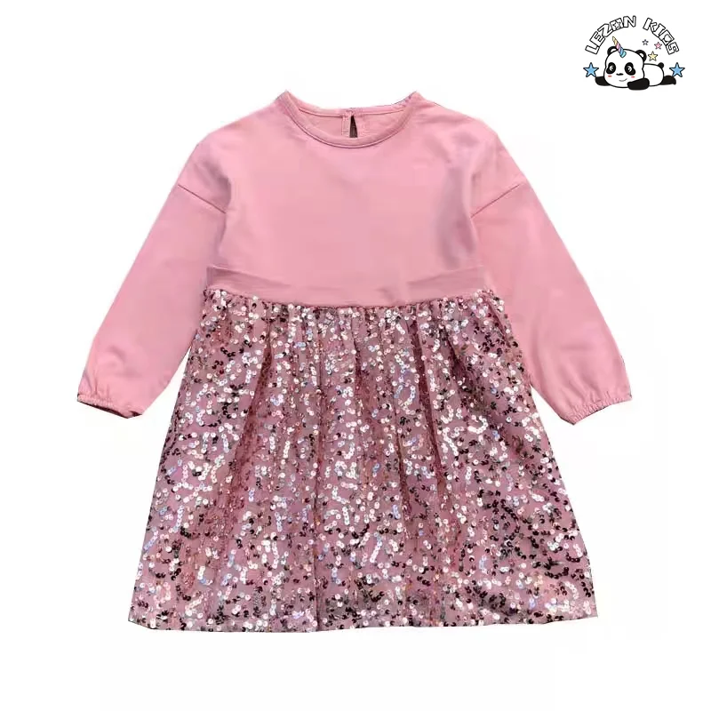 Customizable New Fashion Customization Girls Long Sleeves Fancy Casual Dress Pink Sequin Dress Kids