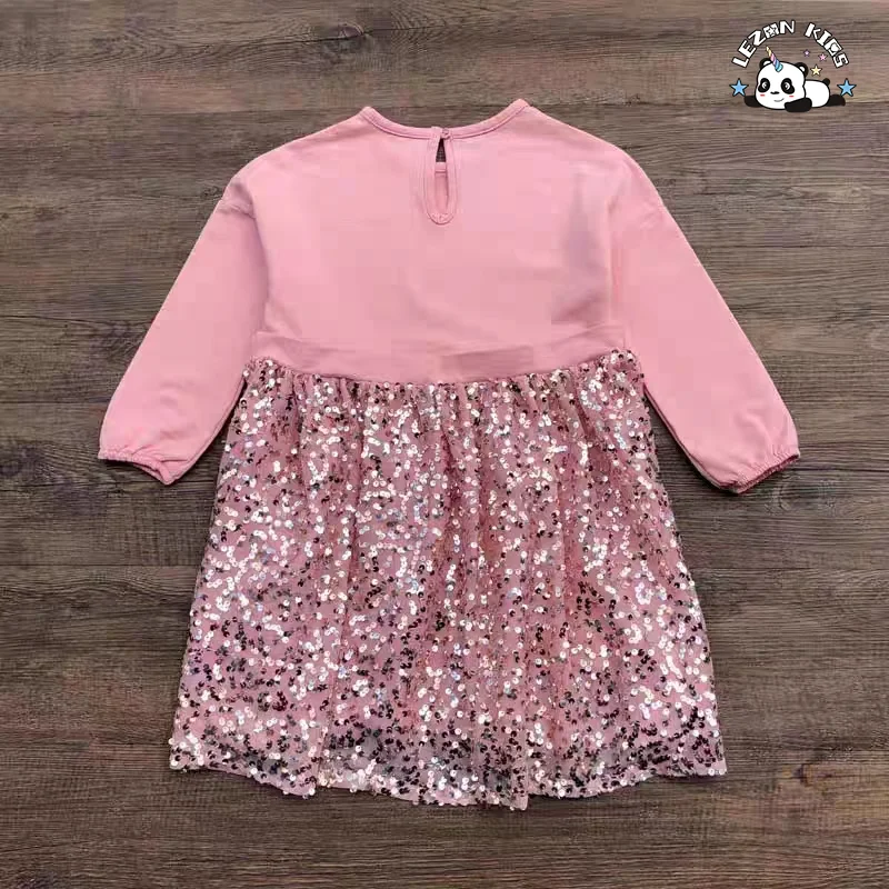 Customizable New Fashion Customization Girls Long Sleeves Fancy Casual Dress Pink Sequin Dress Kids - Product Image