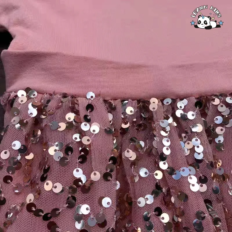 Customizable New Fashion Customization Girls Long Sleeves Fancy Casual Dress Pink Sequin Dress Kids - Product Image