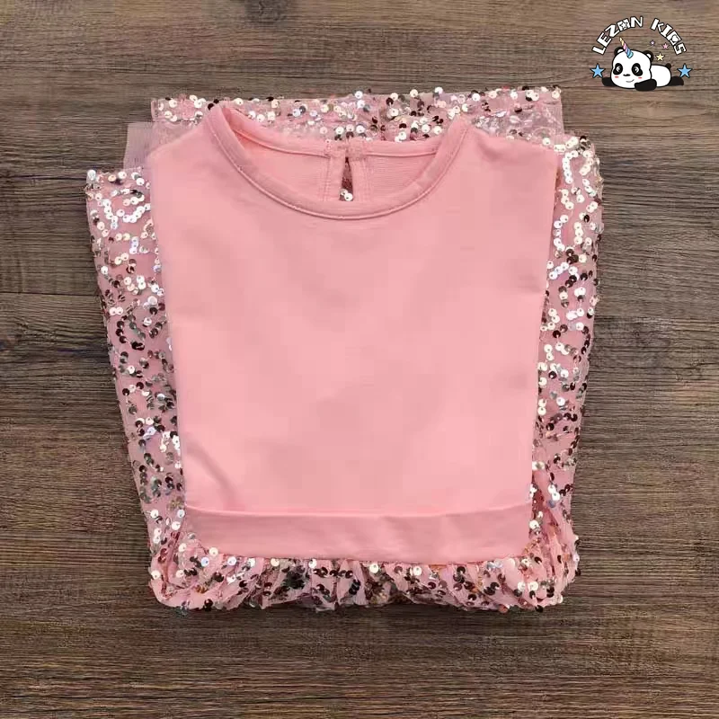 Customizable New Fashion Customization Girls Long Sleeves Fancy Casual Dress Pink Sequin Dress Kids - Product Image