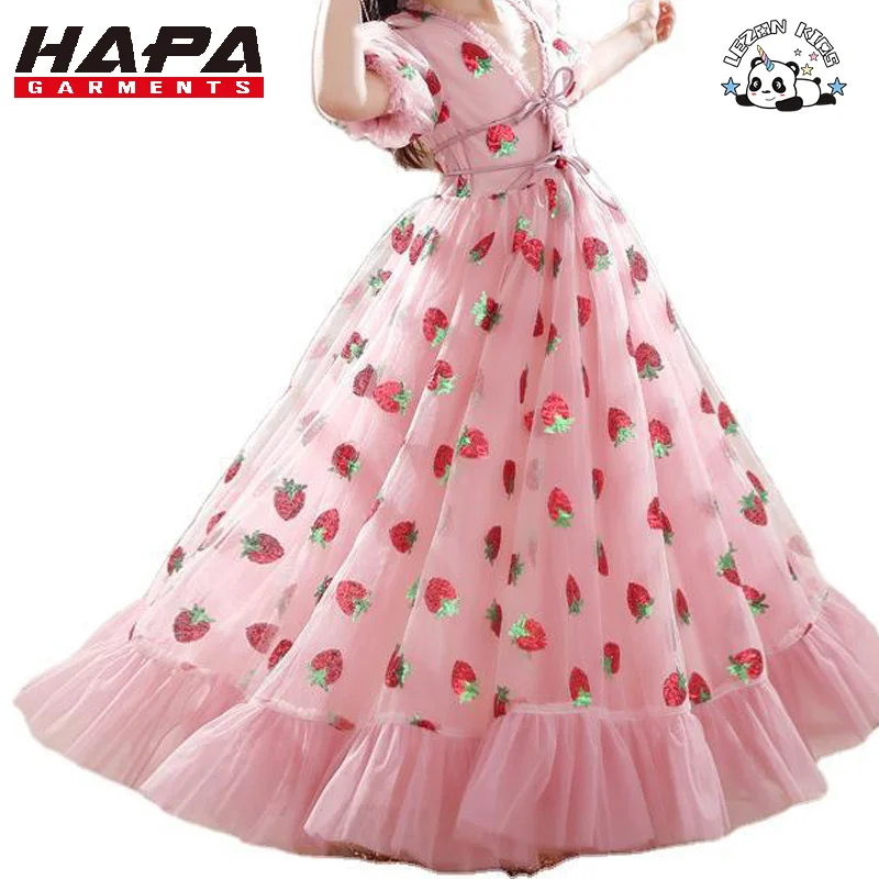Vestido de Tule Rosa com Brilho de Morango para Meninas Personalizável para Festa de Aniversário