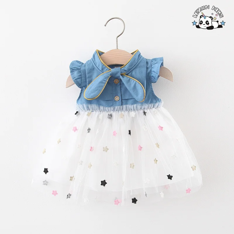 Saia de Gaze de Denim Sem Mangas Personalizável para Meninas com Estrelas e Renda - Vestido de Malha de Denim para Meninas de 2 a 14 Anos - Product Image