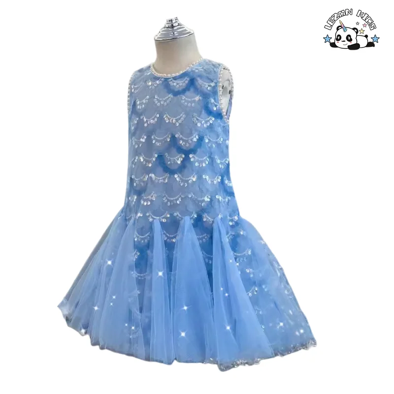 Customizable New Summer Children's Party Sleeveless Sequined Mesh Dress Multi-layer Girls Dresses - Product Image
