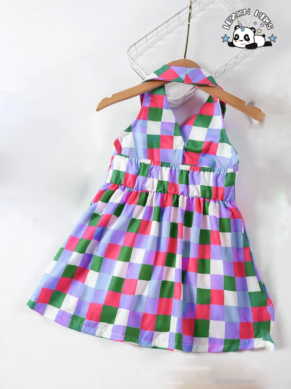 Customizable New Summer Girls Fashion Plaid Cotton Fabric Splicing Halter Lapel Girls Dress 2-14 Years Old - Product Image