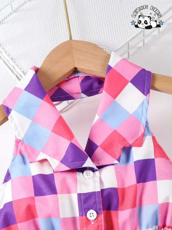Customizable New Summer Girls Fashion Plaid Cotton Fabric Splicing Halter Lapel Girls Dress 2-14 Years Old - Product Image