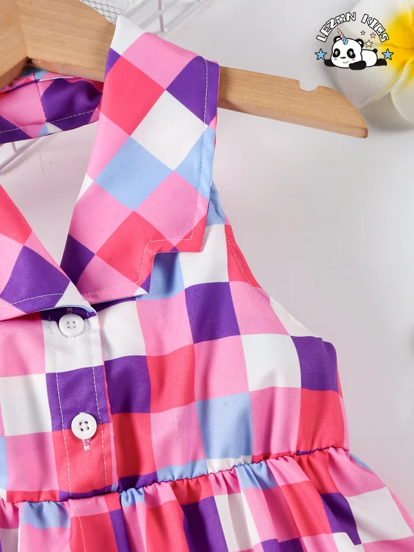 Customizable New Summer Girls Fashion Plaid Cotton Fabric Splicing Halter Lapel Girls Dress 2-14 Years Old - Product Image
