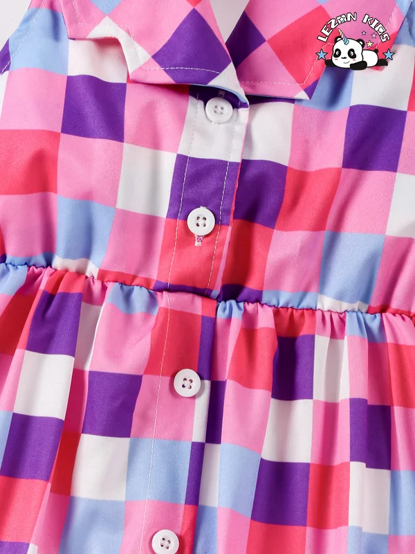 Customizable New Summer Girls Fashion Plaid Cotton Fabric Splicing Halter Lapel Girls Dress 2-14 Years Old - Product Image