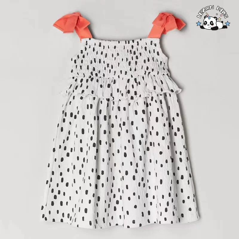 Customizable Product Sweet Orange Spaghetti Strap Dotted Cotton Frocks Kids Girls Dresses for 2-14T - Product Image