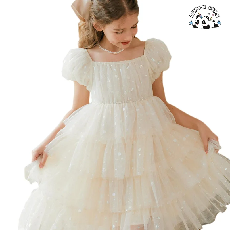 Vestido de Meninas com Mangas Bufantes Personalizáveis e Lantejoulas Roupa Infantil de Pescoço Redondo Vestido de Meninas de Tule para o Verão