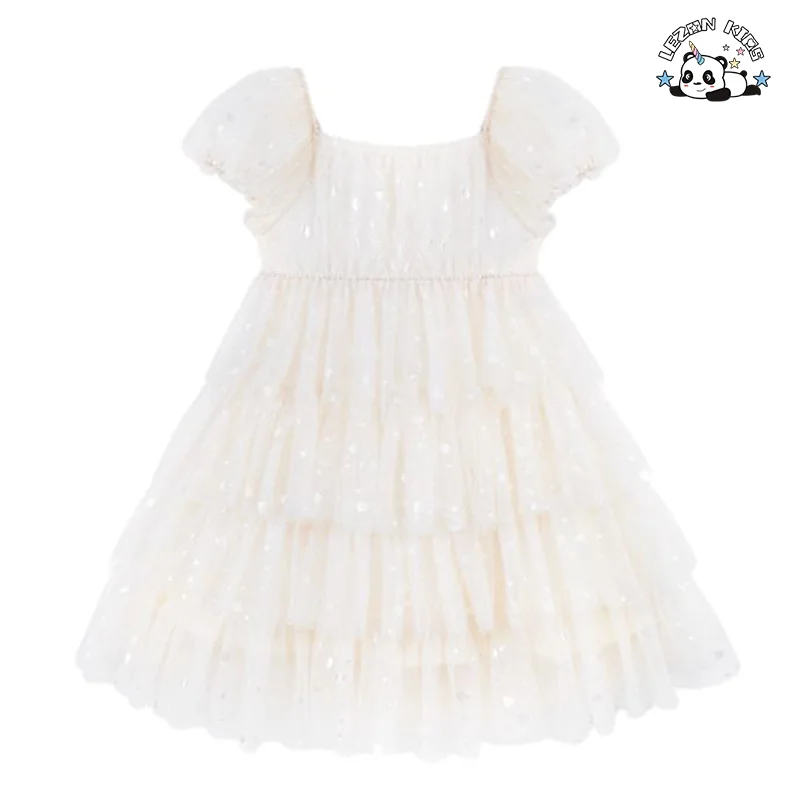Vestido de Meninas com Mangas Bufantes Personalizáveis e Lantejoulas Roupa Infantil de Pescoço Redondo Vestido de Meninas de Tule para o Verão - Product Image