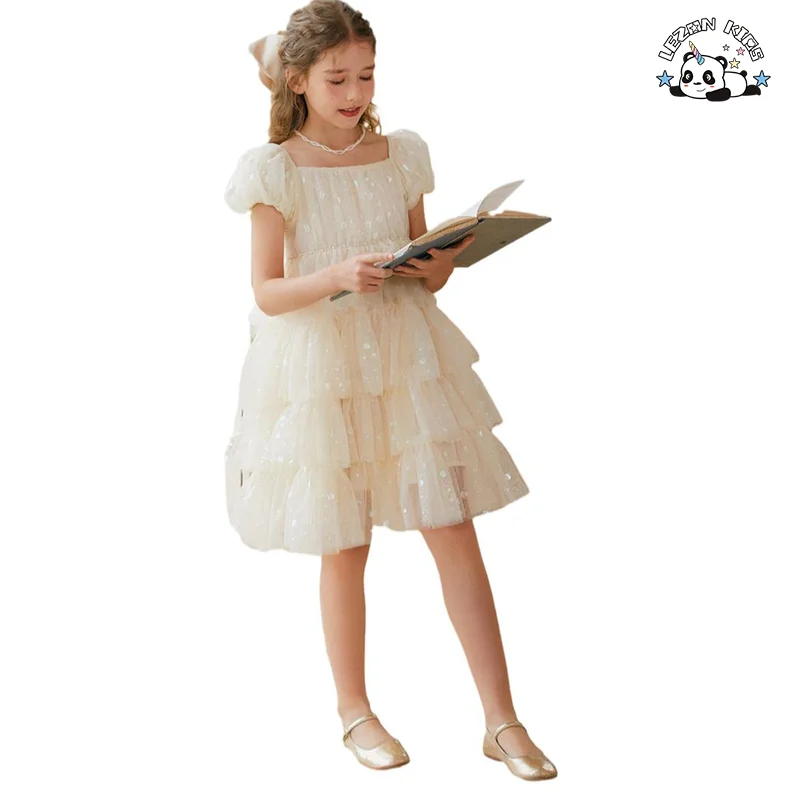 Vestido de Meninas com Mangas Bufantes Personalizáveis e Lantejoulas Roupa Infantil de Pescoço Redondo Vestido de Meninas de Tule para o Verão - Product Image