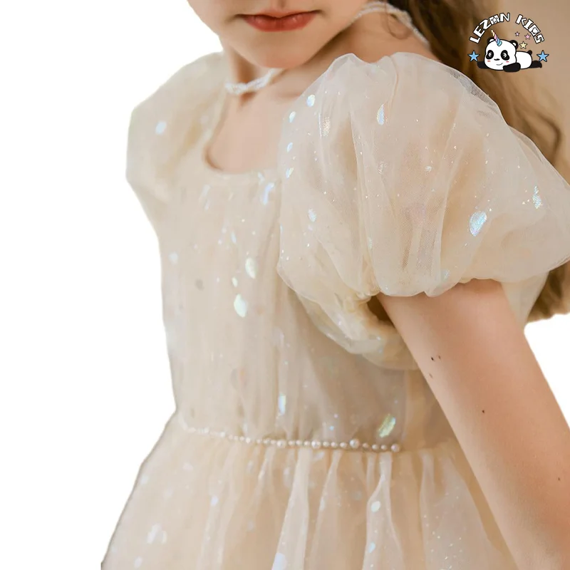 Vestido de Meninas com Mangas Bufantes Personalizáveis e Lantejoulas Roupa Infantil de Pescoço Redondo Vestido de Meninas de Tule para o Verão - Product Image