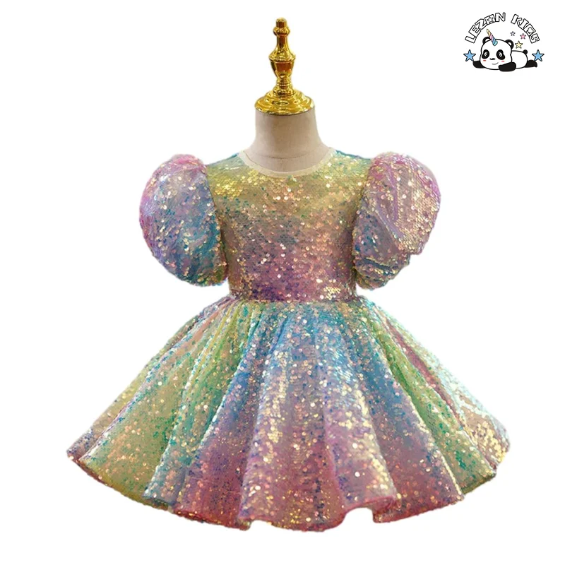 Customizable Rainbow Flipping Sequined Girl Puff Dress Wedding Girl Flower Birthday Party Dress for Kids