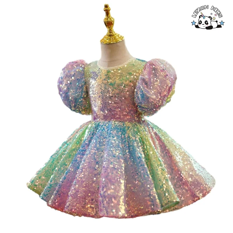 Customizable Rainbow Flipping Sequined Girl Puff Dress Wedding Girl Flower Birthday Party Dress for Kids - Product Image