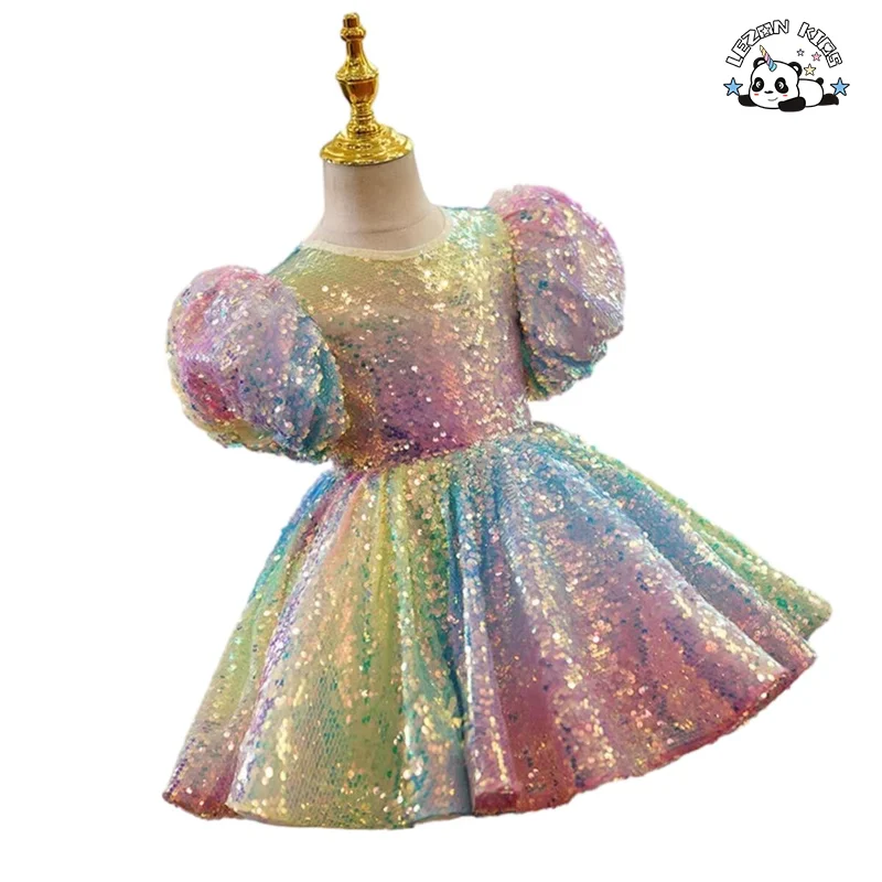Customizable Rainbow Flipping Sequined Girl Puff Dress Wedding Girl Flower Birthday Party Dress for Kids - Product Image