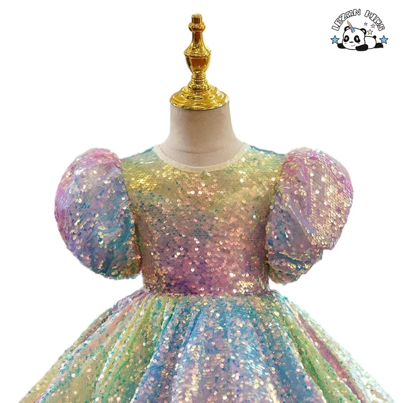 Customizable Rainbow Flipping Sequined Girl Puff Dress Wedding Girl Flower Birthday Party Dress for Kids - Product Image