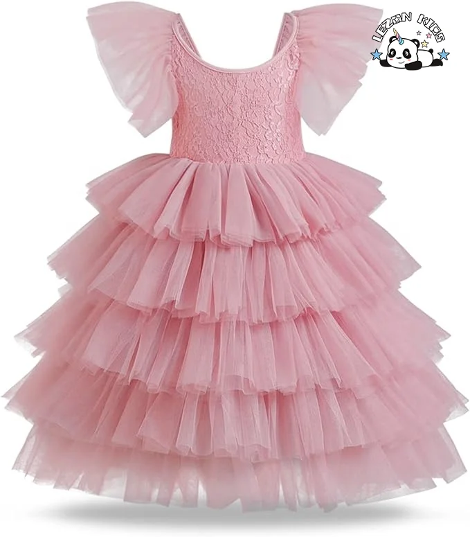 Vestido personalizável com mangas bufantes e camadas de tule com decote em V e renda fofa para meninas de 2 a 14 anos