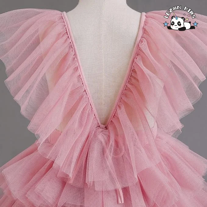 Vestido personalizável com mangas bufantes e camadas de tule com decote em V e renda fofa para meninas de 2 a 14 anos - Product Image