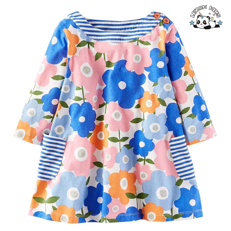 Customizable Short sleeve print child boutique little girls flower dress kids spring dresses