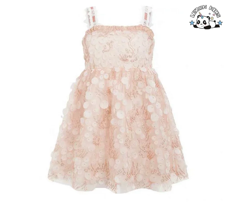 Customizable Sparkle Iridescent Suspender Floral Sequin Girls Tulle Dress for Summer