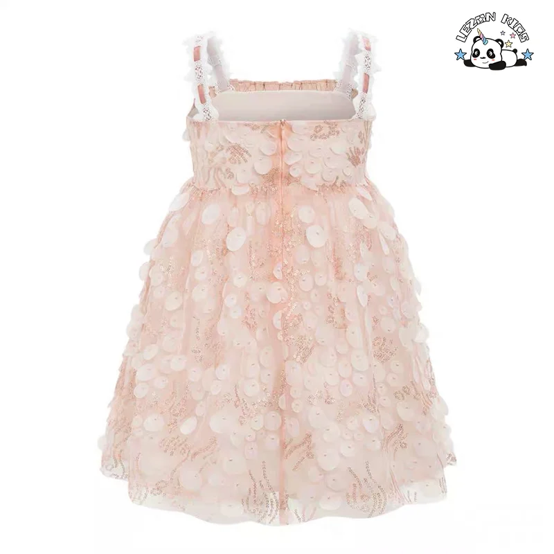 Customizable Sparkle Iridescent Suspender Floral Sequin Girls Tulle Dress for Summer - Product Image
