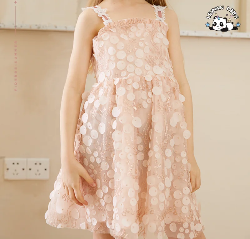 Customizable Sparkle Iridescent Suspender Floral Sequin Girls Tulle Dress for Summer - Product Image